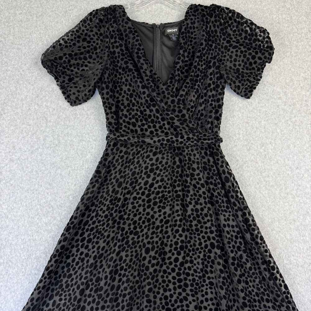 DKNY Velvet Burnout Dress Womens 10 Black Puff Sleeve Fit Flare Cocktail